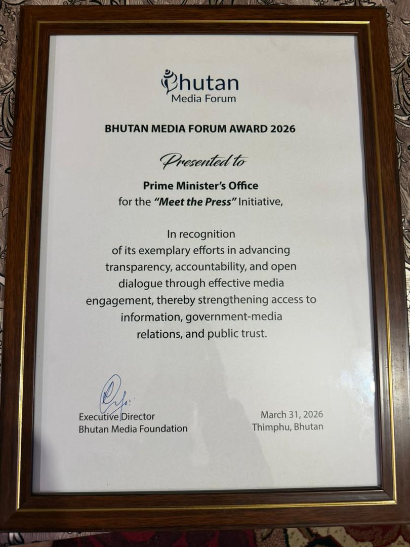 The Meet-the-Press initiative of the Royal Government of Bhutan was recognized today with the Bhutan Media Forum Award 2026 in Thimphu.